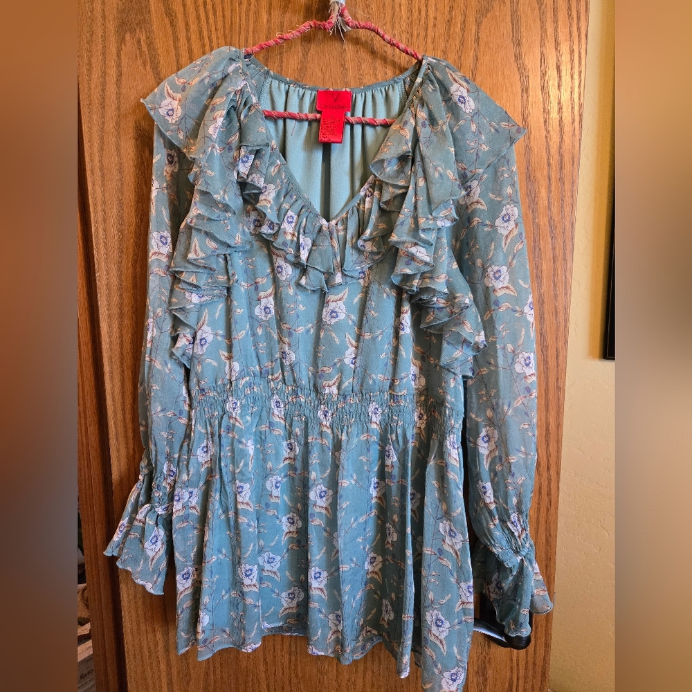 V Christina Teal Floral Ruffle Blouse